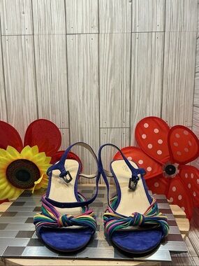 Botkier Blue Suede Knot Front Slingback Sandals with Multicolor Straps